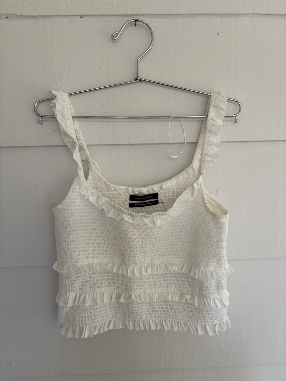 Urban Outfitters White Smocked Ruffle Crop Tank Top Medium Cottagecore Coquette